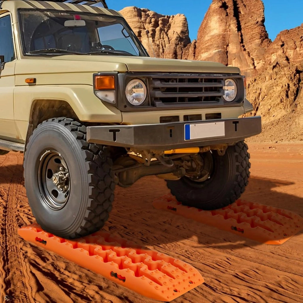 Tappetino di Trazione 2 Pezzi, Carico 10T, Piastre di Trazione per SUV Camper Auto Camion, Tavola di Recupero per Piste Offroad, per Sabbia, Neve, Fango (Arancione, 107 x 31 x 7 cm)