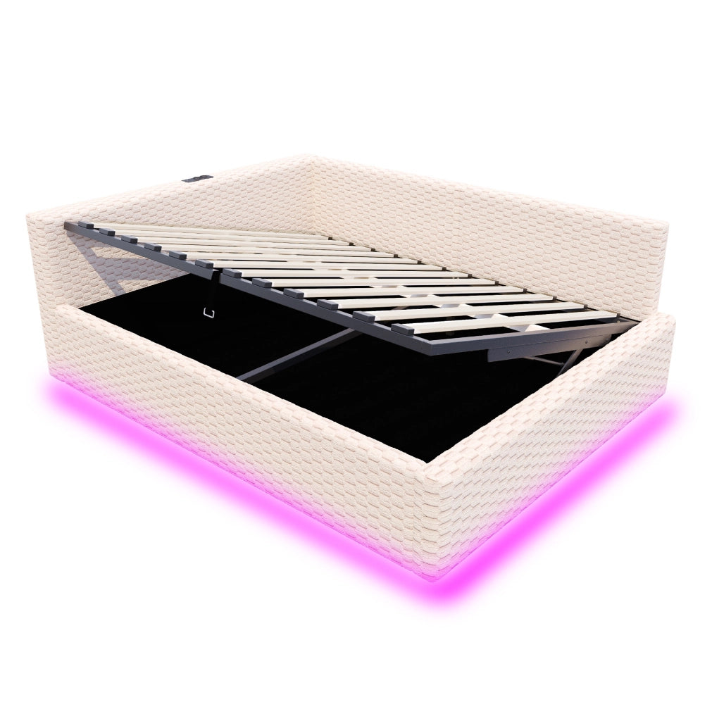 Letto imbottito 140x200 cm in velluto beige con contenitore; LED e porte USB Type-C
