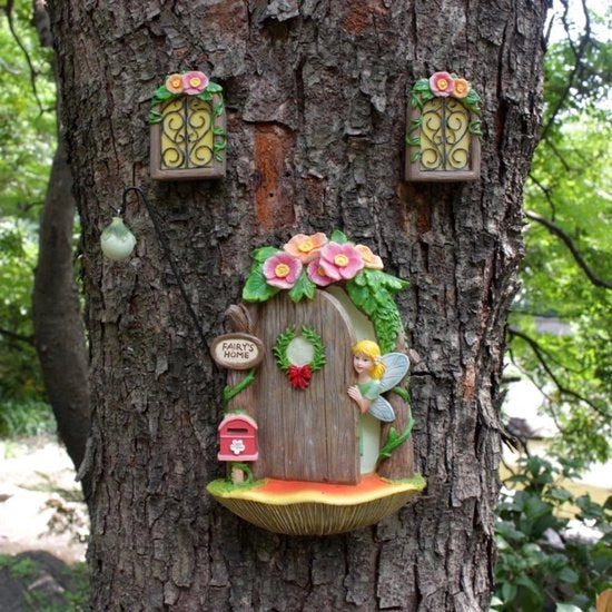 Decorazione per giardino miniatura, porta di legno per giardino, accessori decorativi per giardino, figura di albero con faccia, scultura per esterno, statua per giardino, decorazione per giardino in miniatura, figure decorative per giardino.