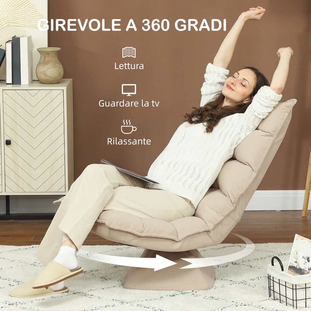 Poltrona Relax Girevole 360¡ã con Schienale Regolabile in 5 Posizioni in Tessuto Effetto lino. Beige