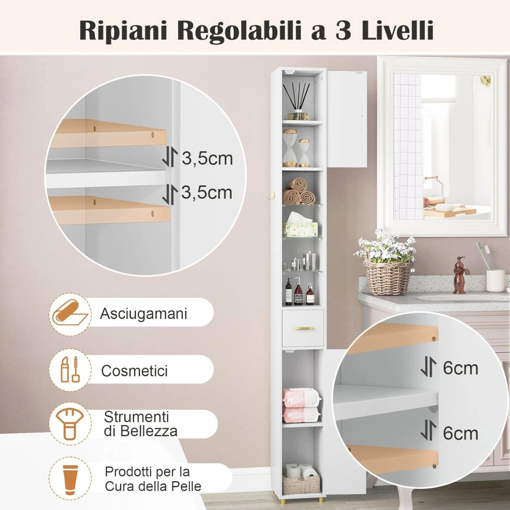 Mobile Bagno Salvaspazio con Luce, Colonna Bagno con Scomparti Aperti in Vetro, Ripiani Regolabili, 1 Cassetto e Gancio Laterale per Spazi Ridotti 20 x 20 x 181 cm (4 Ripiani con Luce, BIanco)