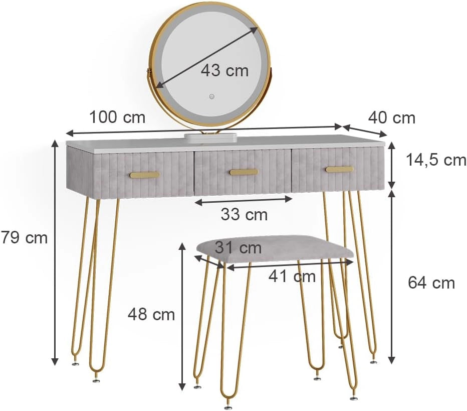 Vicco Tavolo da toeletta Layla, Grigio, 100 cm con illuminazione LED e sgabello, con illuminazione a LED e panca imbottita