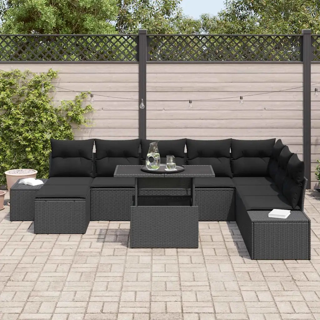 Set Divano da Giardino con cuscino 9 pcs Nero polyrattan