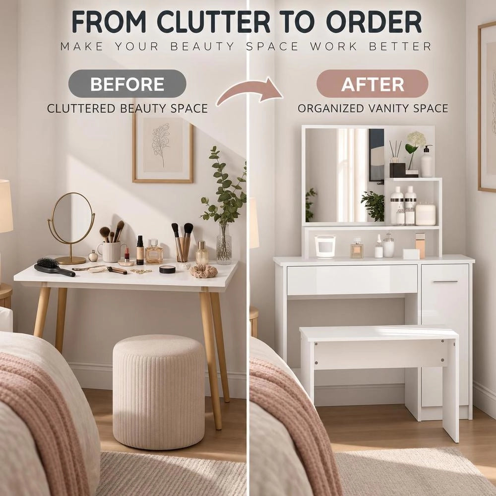 Dressing Table With Mirror, High-gloss White, 86.5x35x136 Cm