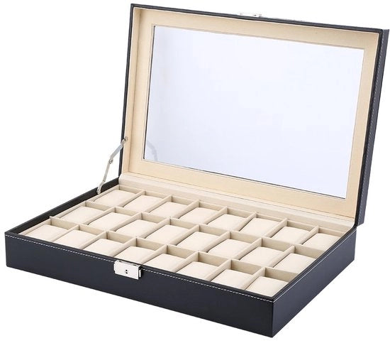 Cassettiere in legno per orologi, cassettiera orologeria da 6 a 24 pezzi, esterno in pelle PU, con rivestimento in velluto nero.