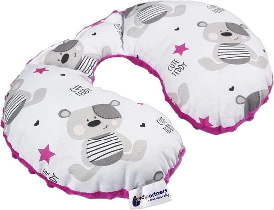 Nekkussen per bambini Auto con supporto alla testa e collo, 100% cotone/Minky, con orsetto di peluche in rosso scuro