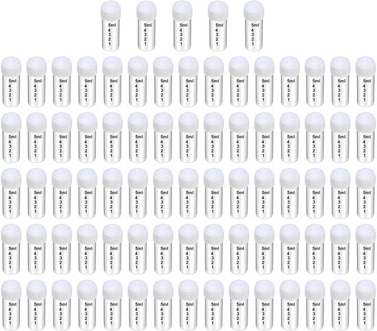 Bottiglie di reazione 80 pezzi - 5 ml - Plastica trasparente - Resistente al congelamento - Buona chiusura ermetica - Facile da utilizzare - Bottiglie di laboratorio