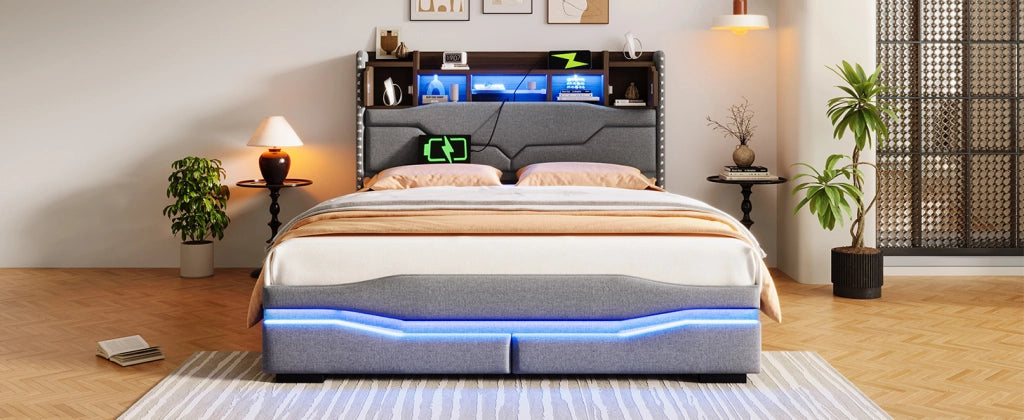 Letto imbottito 140x200 cm con contenitore idraulico, illuminazione LED e presa USB, grigio
