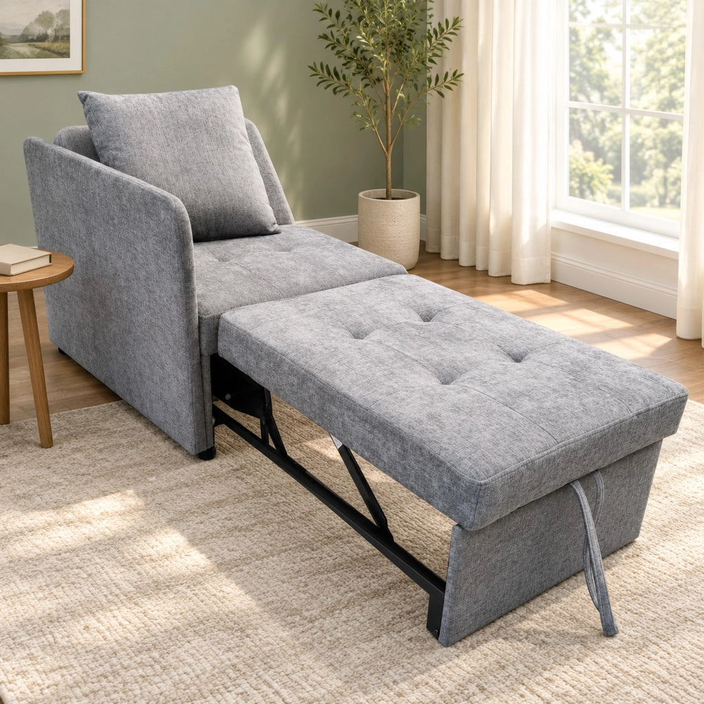 Divano letto 3 in 1 177x68 cm in lino grigio con schienale regolabile