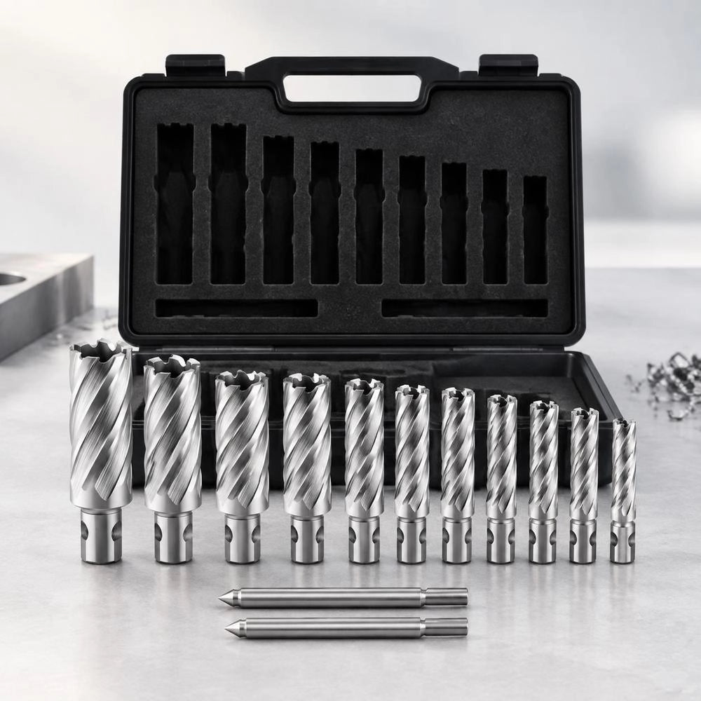 Annular Cutter Set, 13 Pcs Universal Shank Mag Drill Bits Kit, 2" Cutting Depth, 7/16" To 1-1/16" Cutting Diameter, HSS, 11 Drill Bits With 2 Pilot Pins, Plastic Case, For Magnetic Drills, Steel