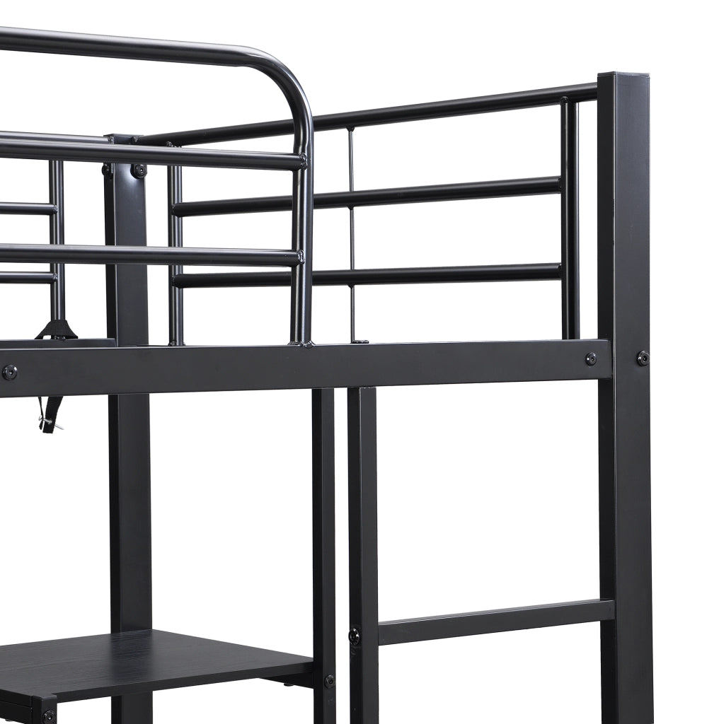 Letto a castello in ferro nero con scrivania, armadio e scala a 5 gradini, 90x200 cm