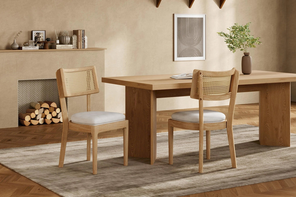 Set di 2 sedie da pranzo in legno massello con schienale in rattan e cuscino in lino, stile moderno, colore legno