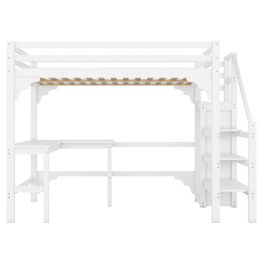 Letto a soppalco 140x200 cm con scrivania ad L e guardaroba aperto in pino bianco