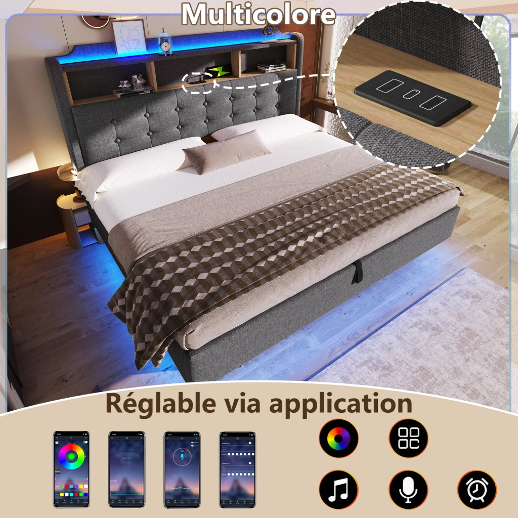 Letto matrimoniale contenitore 180x200 cm effetto sospeso con LED; testiera portaoggetti; USB e USB-C; lino grigio