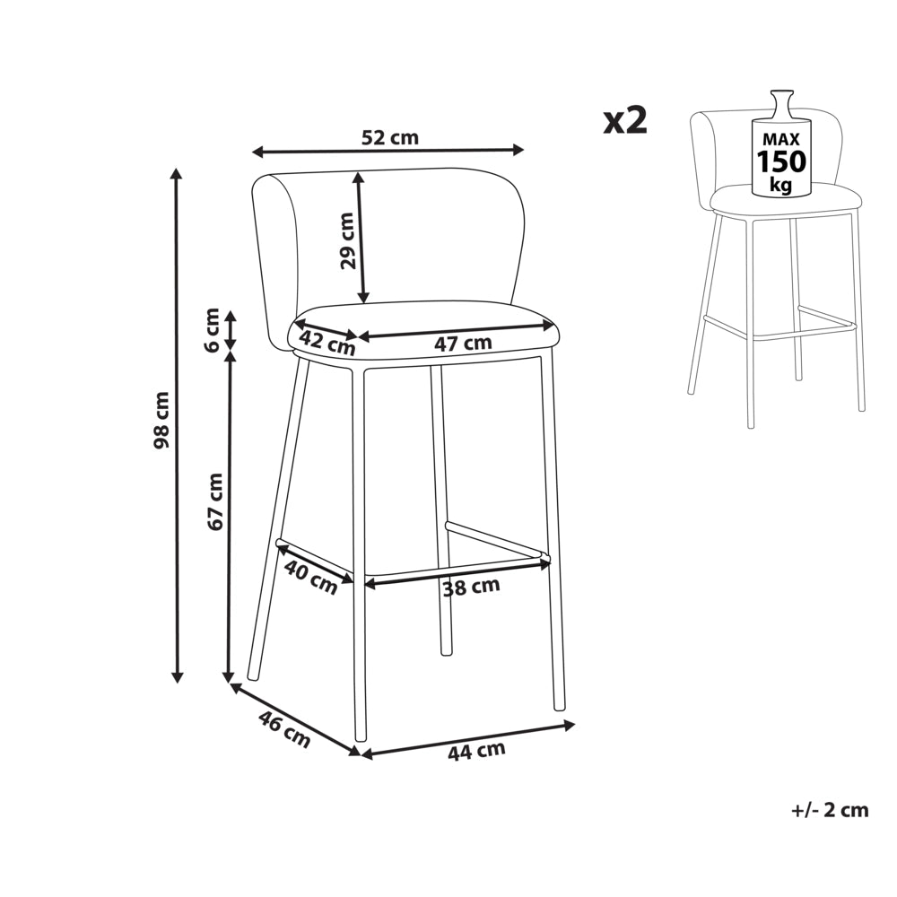 Set di 2 sedie da bar moderne in bouclé marrone Schienale curvo Gambe nere Sala da pranzo moderna Cucina