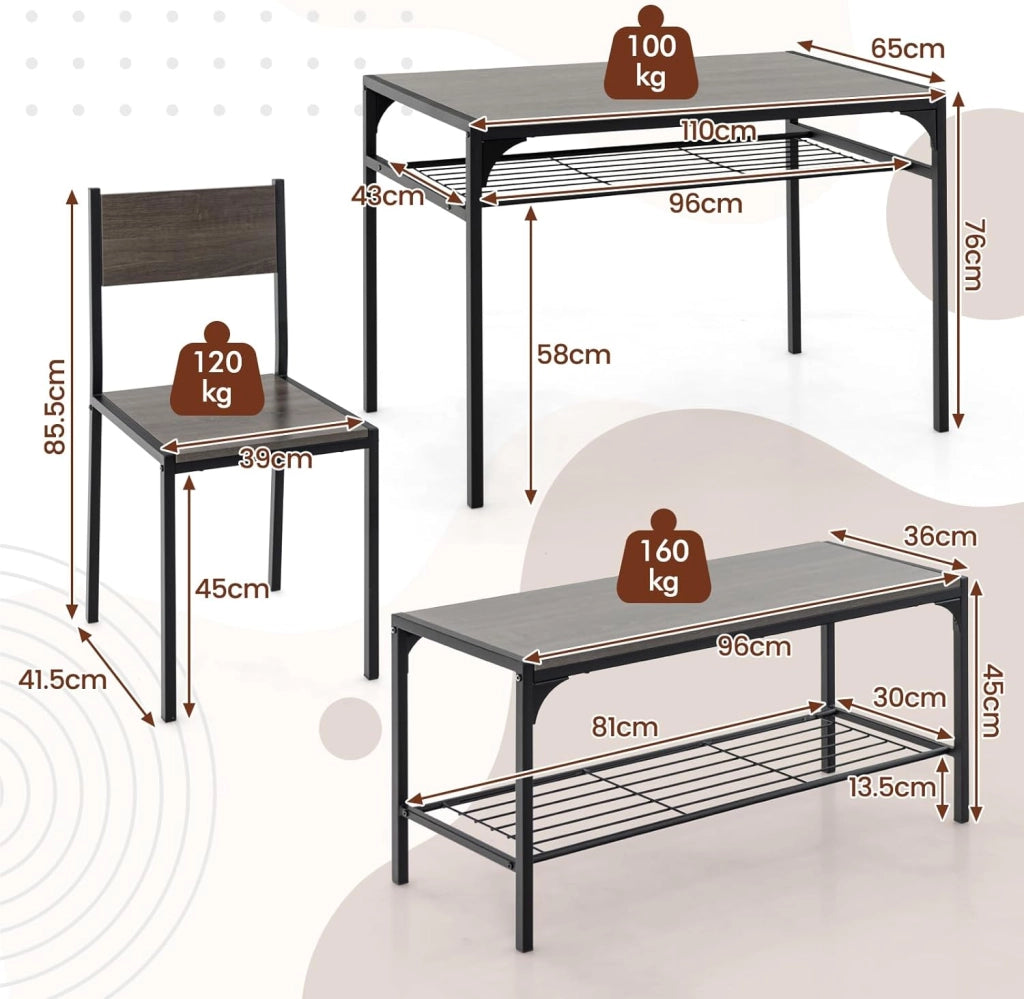 Set di tavolo da pranzo per 4, tavolo rettangolare con 2 sedie, 1 panchina, mensole, telaio in metallo resistente, set da pranzo da 4 pezzi, sala da pranzo, cucina (grigio), NF88000