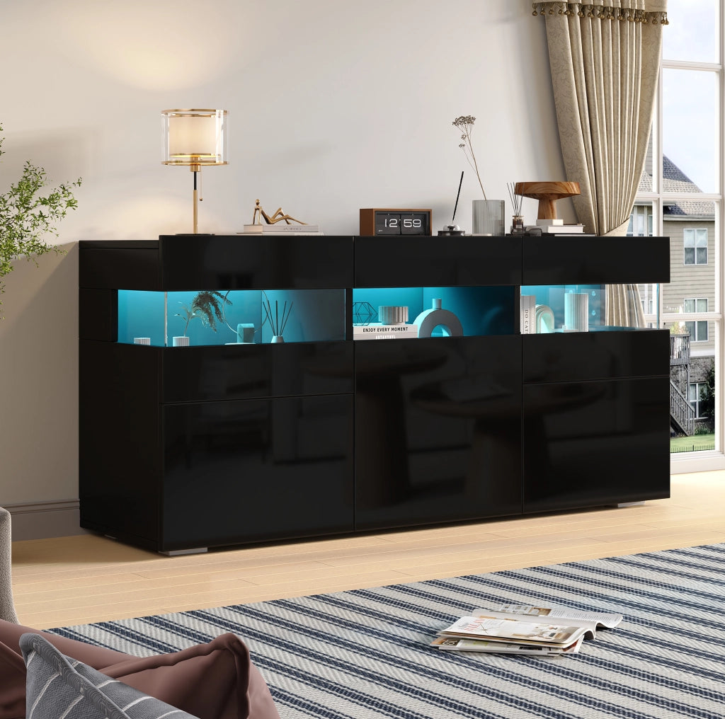 Sideboard moderno nero 140 cm con 3 ante, LED controllabile via app e 7 vani