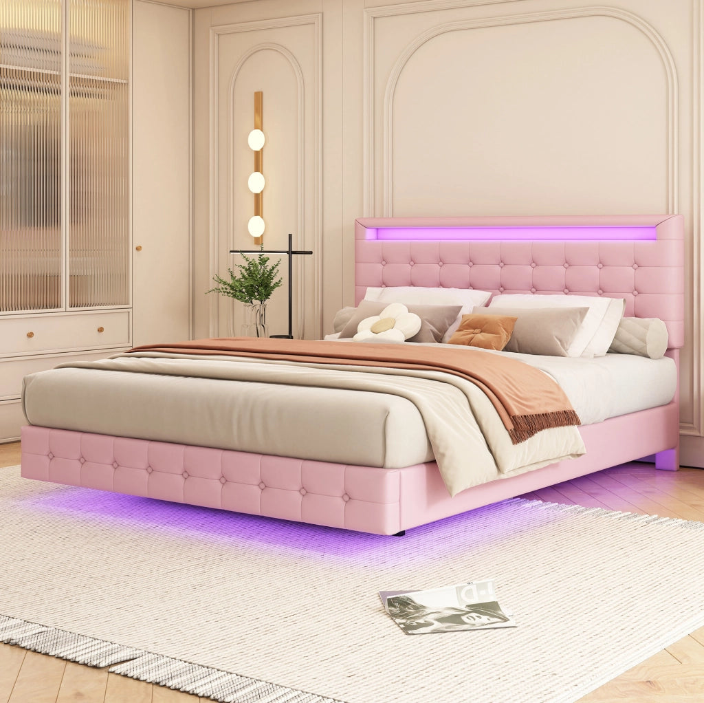 Letto matrimoniale 140x200 cm; LED regolabile; testiera regolabile; PU; rosa