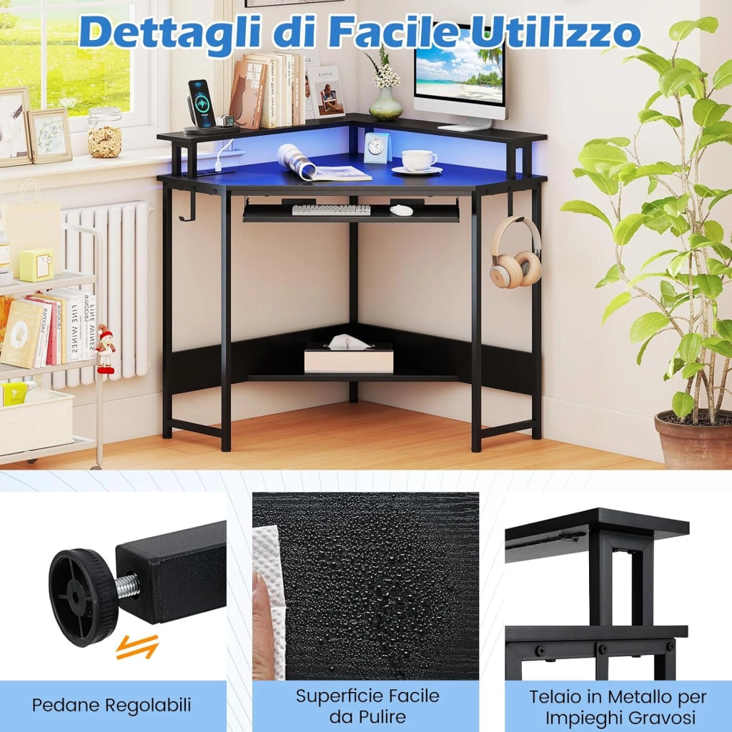 Scrivania per Computer, Scrivania Gaming Triangolare con Stazione di Ricarica, LED, Vassoio per Tastiera e Supporto per Monitor, 80 x 80 x 88 cm, Desk Salvaspazio con Ganci e Scaffale (Nero)