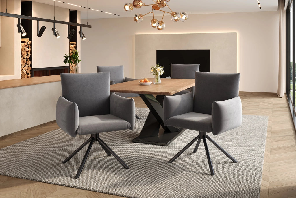 Set di 2 sedie da pranzo girevoli 360° in velluto grigio con braccioli e gambe in metallo