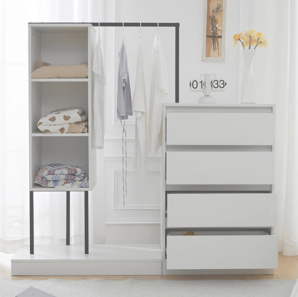 Armadio multifunzione con 4 cassetti e appendiabiti 140x40x135 cm; bianco e nero