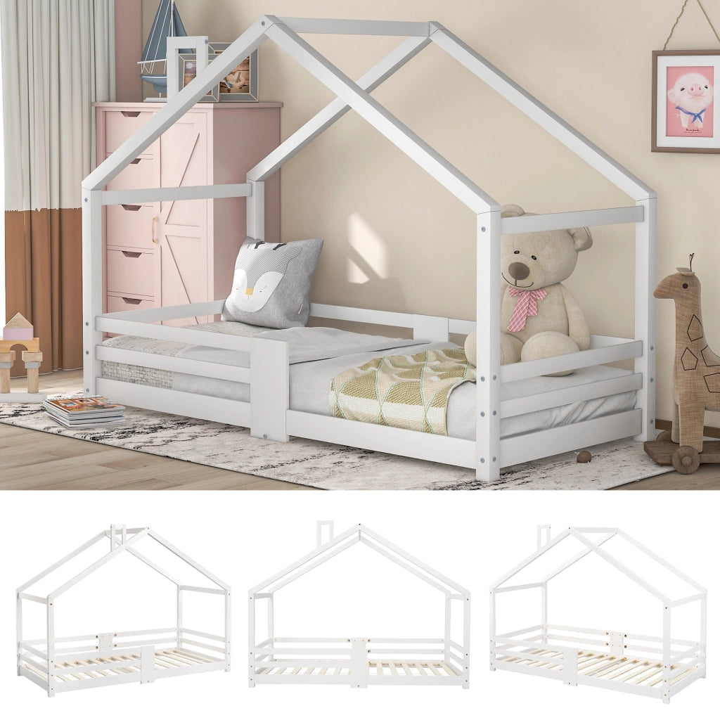 Letto a Casetta Letto Singolo con Sponde; 90×200 cm; Letto per Bambini in Legno Massello; senza Materasso; Bianco