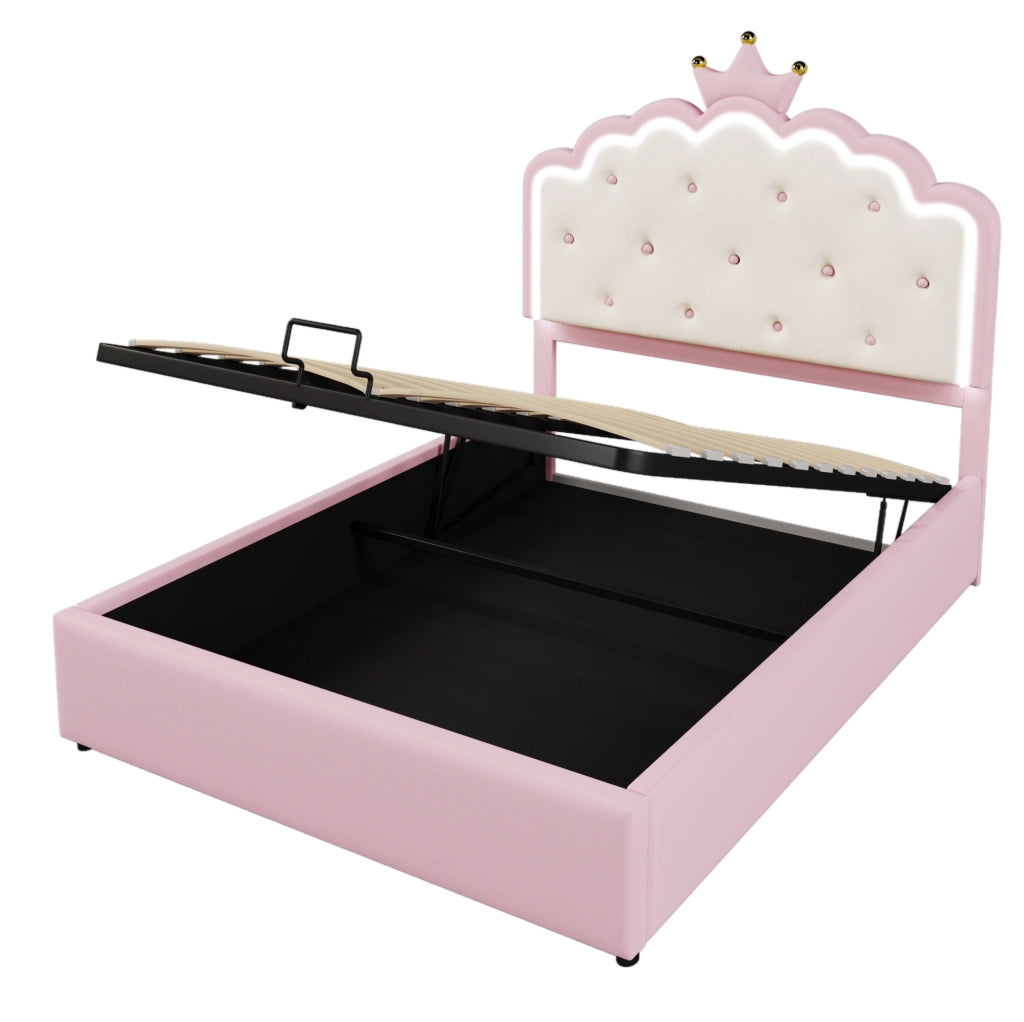Letto imbottito 140x200 cm con luce LED e vano contenitore; PU rosa (Senza materasso)