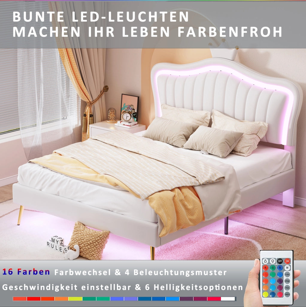 Letto imbottito per bambini 140x200 cm bianco con LED; testiera regolabile e 12 doghe