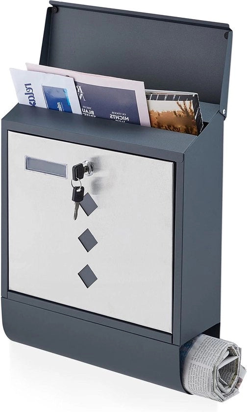 Cassa postale moderna - 385 x 31 x 12 cm - Acciaio e acciaio inox - Antracite/Argento con Nome sul Fronte