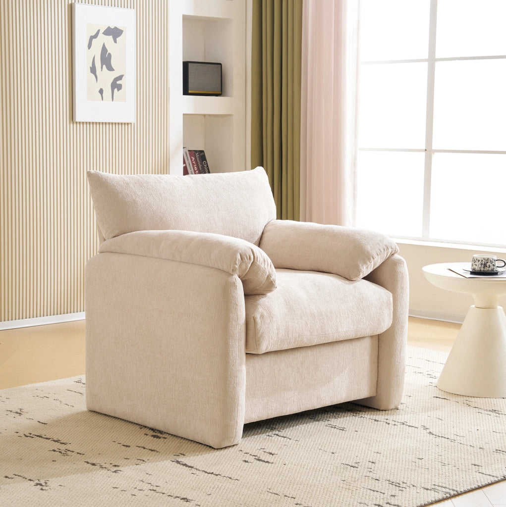 Poltrona singola in chenille beige; seduta 96x82x84 cm; struttura in legno e ferro