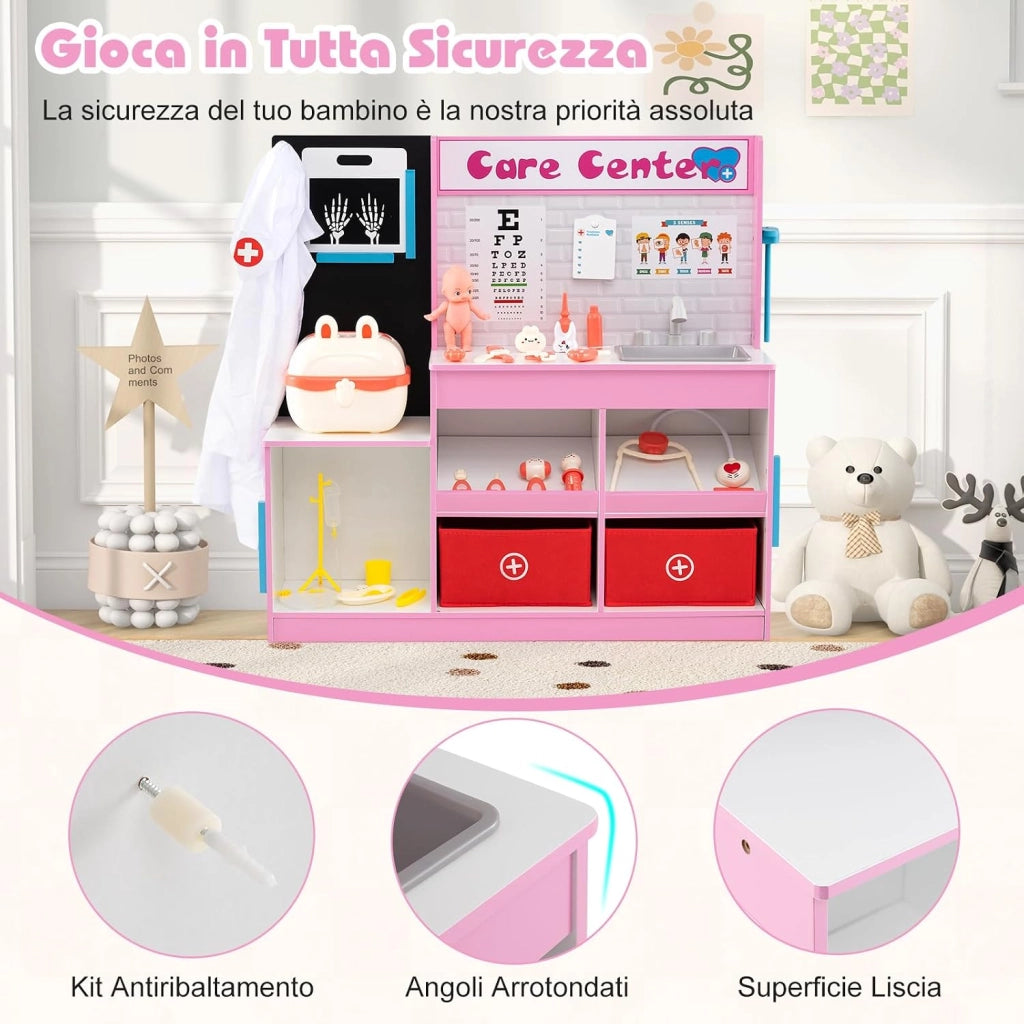 Set Gioco Dottore per Bambini, Gioco di Ruolo Medico in Legno con Stetoscopio, Radiografie, Monitor ECG, Tabella Oculistica e 29 Accessori, Medico Giocattolo per Bambini 3+ Anni (Rosa)