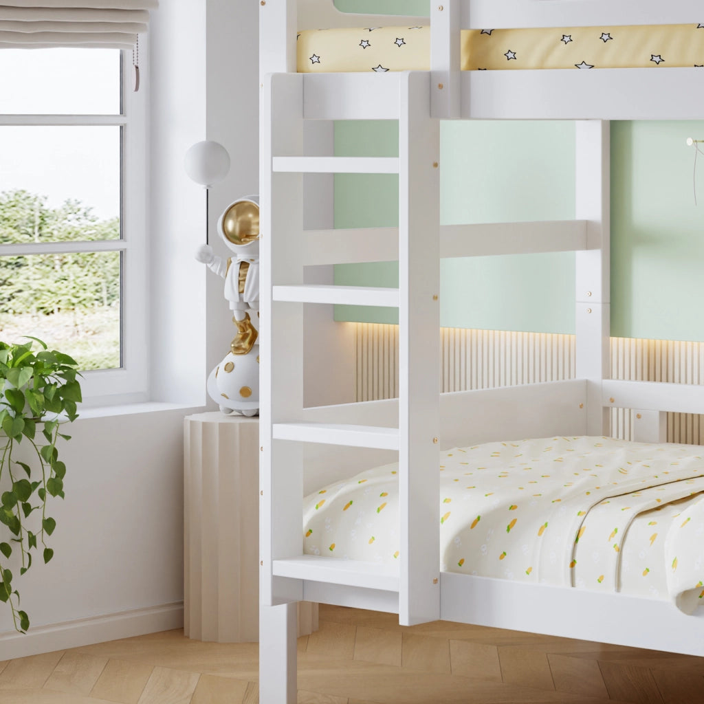 DESMIU Letto a castello per bambini 90 × 200 cm 2 posti con scala e sponda di sicurezza, senza materasso, in legno, bianco
