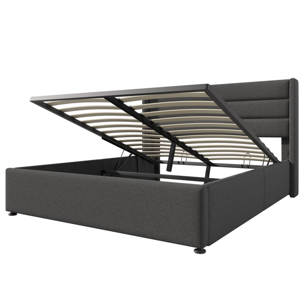 Letto imbottito con contenitore e rete a doghe sollevabile 160x200 cm; lino grigio