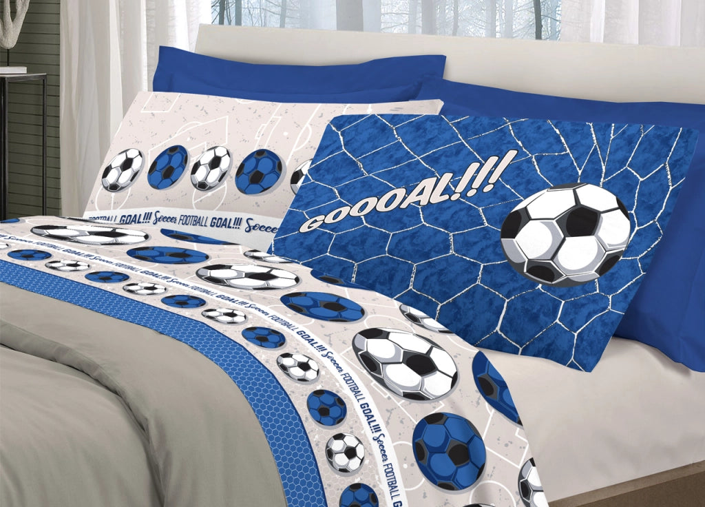 Completo Lenzuola Linea Pensieri Delicati 100% Cotone Disegno Calcio - Piazza E Mezza - Blu