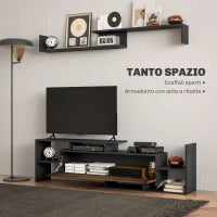 Mobile TV con Mensola a Muro, Ripiani Aperti e Armadietto in Legno, Nero e Marrone