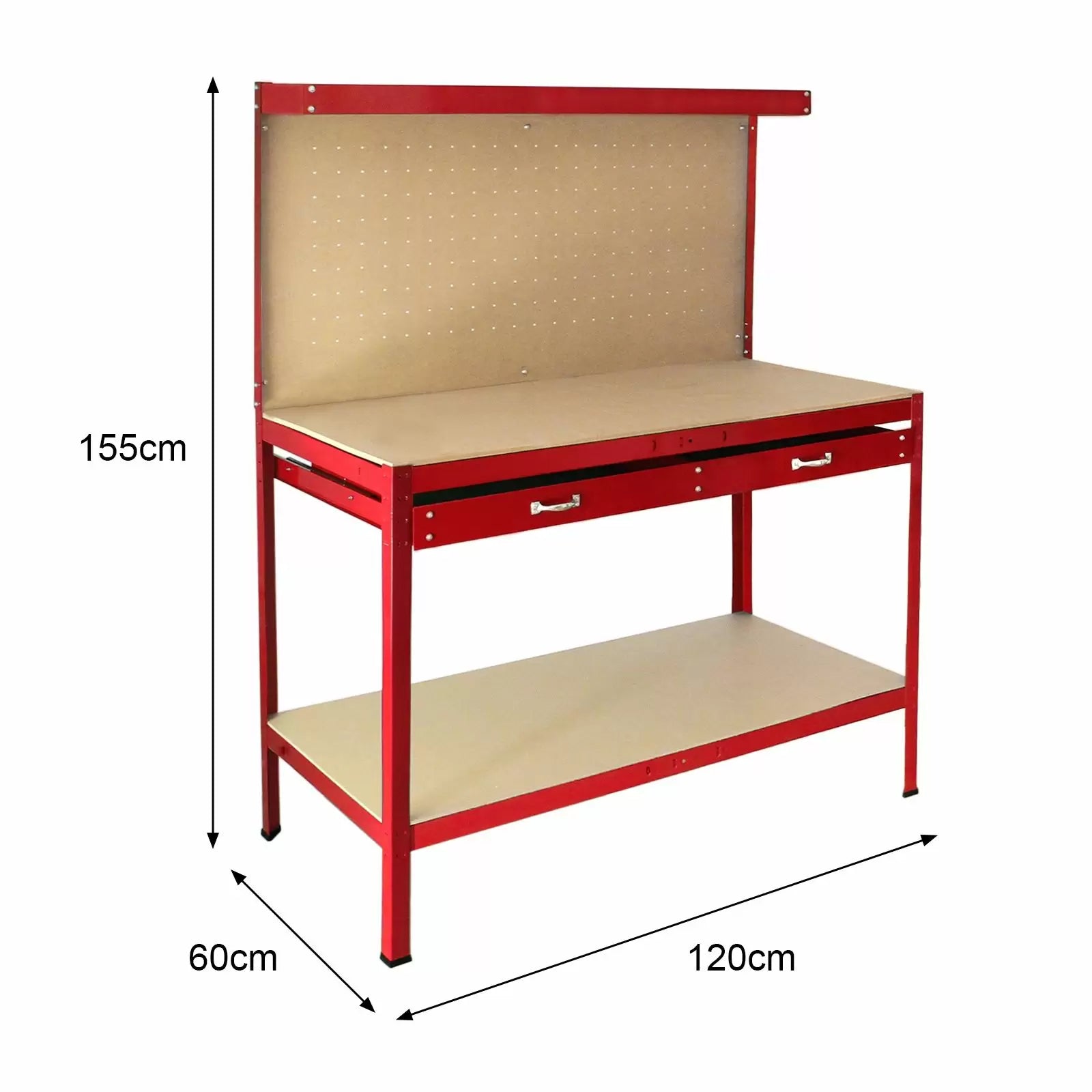 Banco da Lavoro Porta Attrezzi 120 cm in Acciaio con Parete e Cassetto Rosso