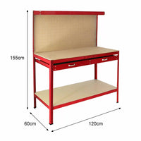 Banco da Lavoro Porta Attrezzi 120 cm in Acciaio con Parete e Cassetto Rosso
