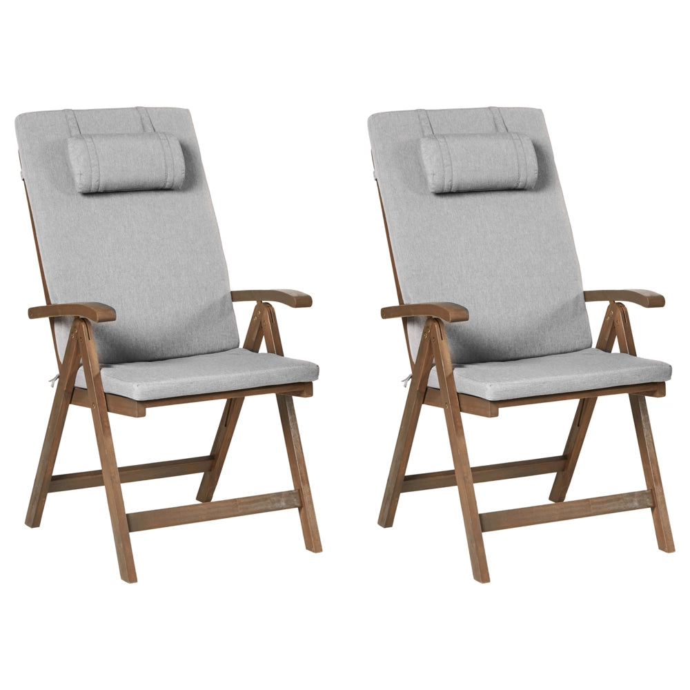 Set di 2 sedie da giardino rustiche in legno d'acacia naturale e cuscini Grigio melange regolabili e pieghevoli per esterni con braccioli in stile rustico