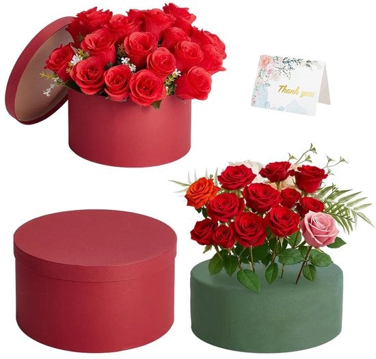 Scatola di Regalo Rossa - Scatola di Regalo Rotonda con Coperchio - Set di Spugne per Fiori - 23,4 x 12,5 cm - Carta di Auguri - Ideale per la Festa della Mamma/Jubileo - Confezione di Regalo
