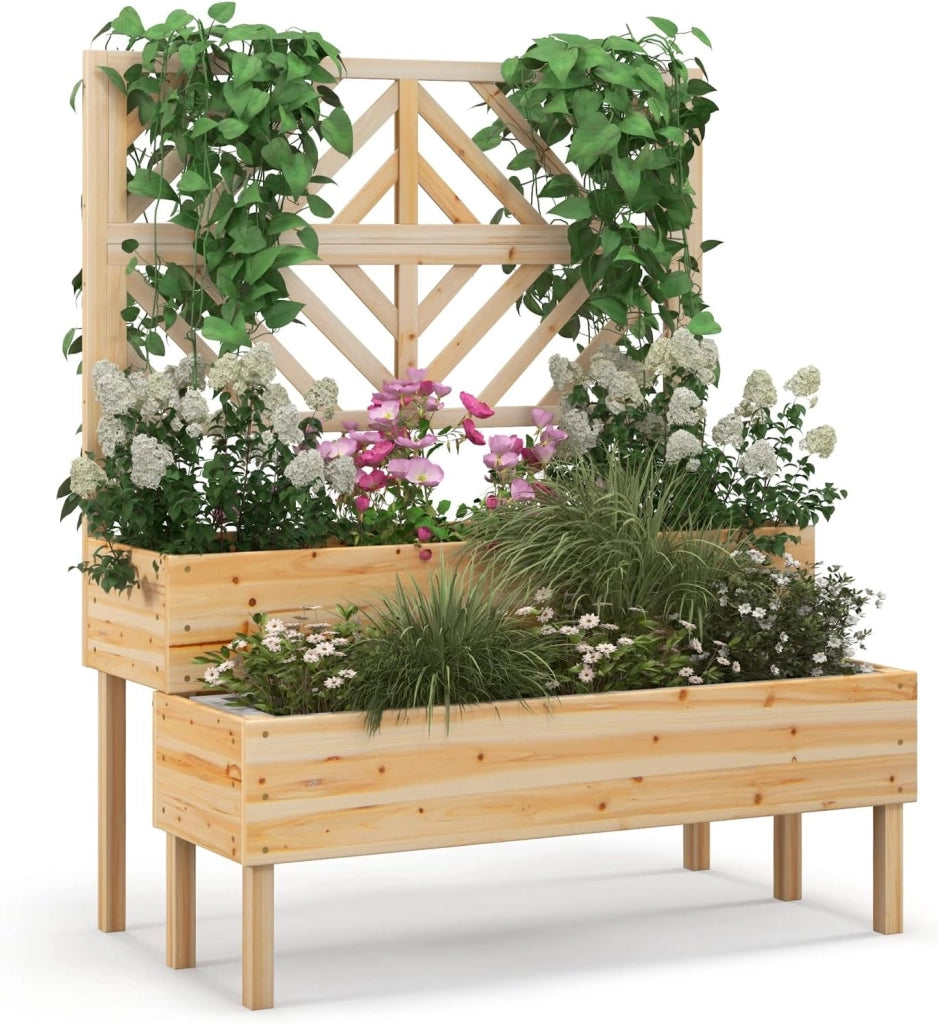 Fioriera da Giardino a 2 Livelli con Traliccio, Letto Rialzatto con Gambe in Legno, Foro di Drenaggio, Fioriera da Interno ed Esterno per Frutta, Verdura, Fiori ed Erbe Rampicanti (Legno)