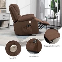 Poltrona Alzapersona Reclinabile con Poggiapiedi, in Tessuto Effetto Lino, 87x92x105 cm, Caffè