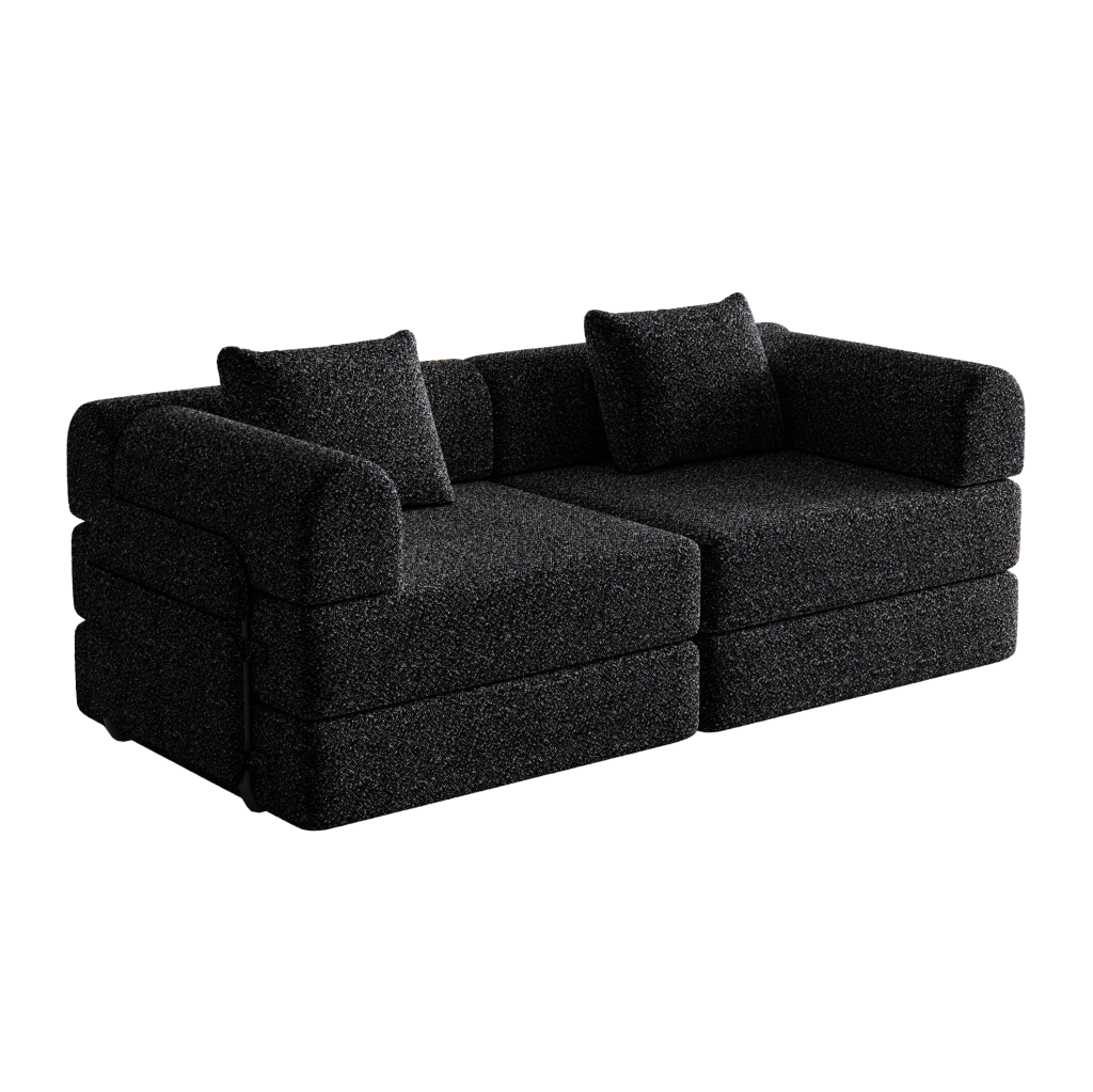 Divano letto 2 in 1 in ciniglia nero con vano bracciolo