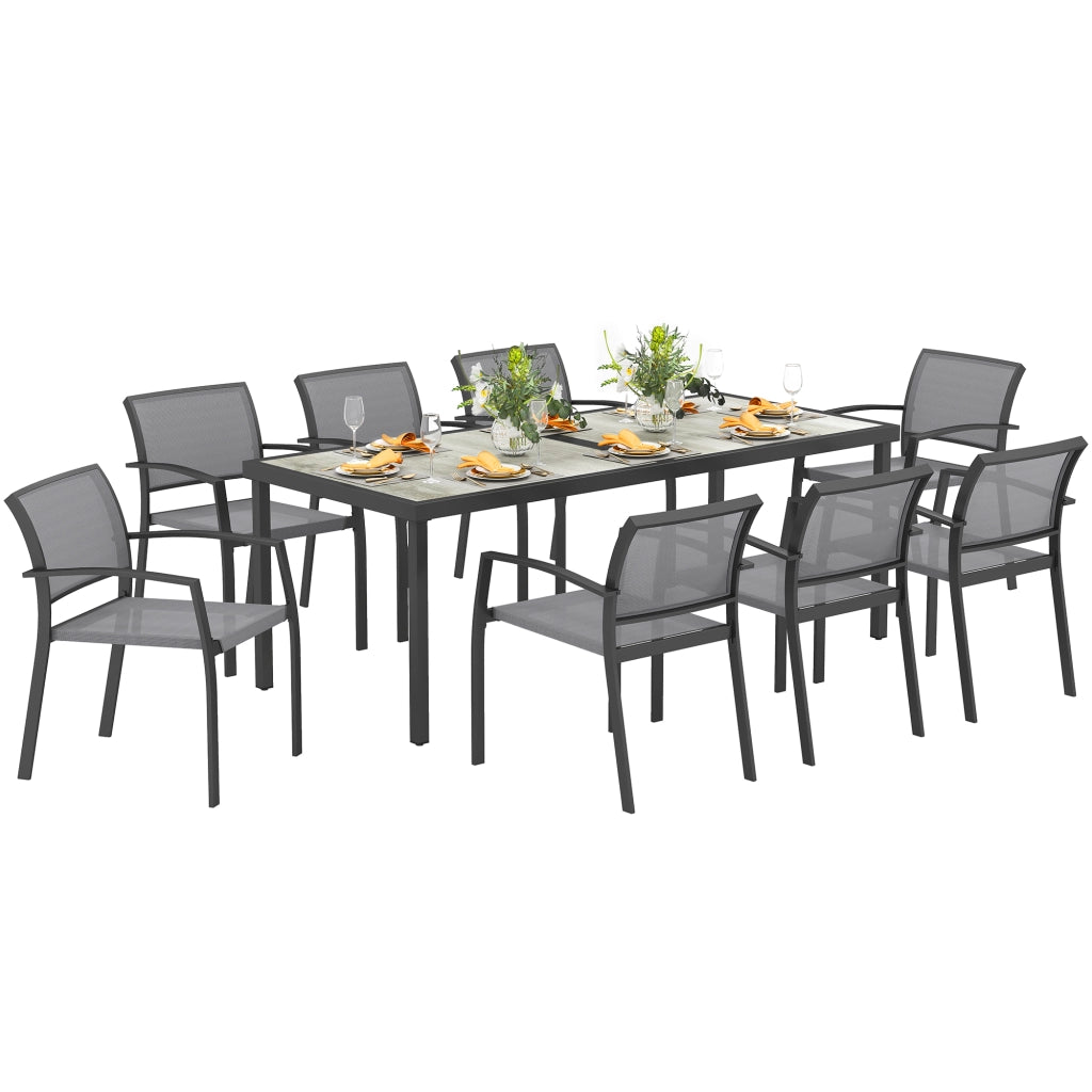 Set da Giardino con Tavolo da Pranzo Rettangolare e 8 Sedie Impilabili con Braccioli Grigio
