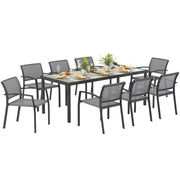 Set da Giardino con Tavolo da Pranzo Rettangolare e 8 Sedie Impilabili con Braccioli Grigio