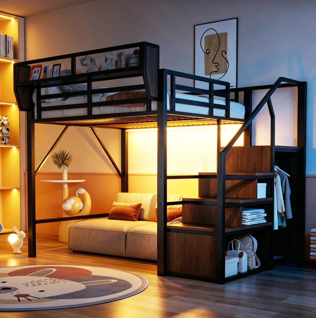 Letto a soppalco ULEVR 140x200 cm con scala di sicurezza, ripiano regolabile e striscia LED multicolore, nero