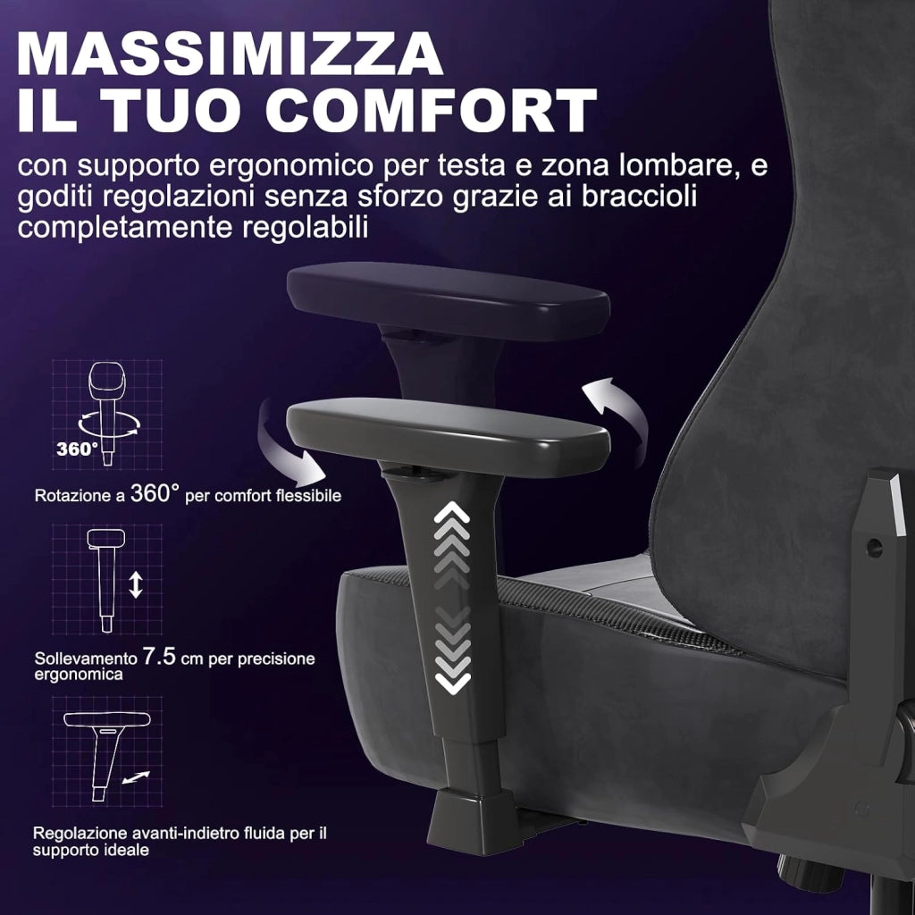 Sedia da Gaming Ergonomica in Pelle Scamosciata, Poltrona da Ufficio Gamer Reclinabile 90°-135°, Braccioli 3D Regolabili, Base in Metallo, Ruote Silenziose, Portata 180kg, Nero