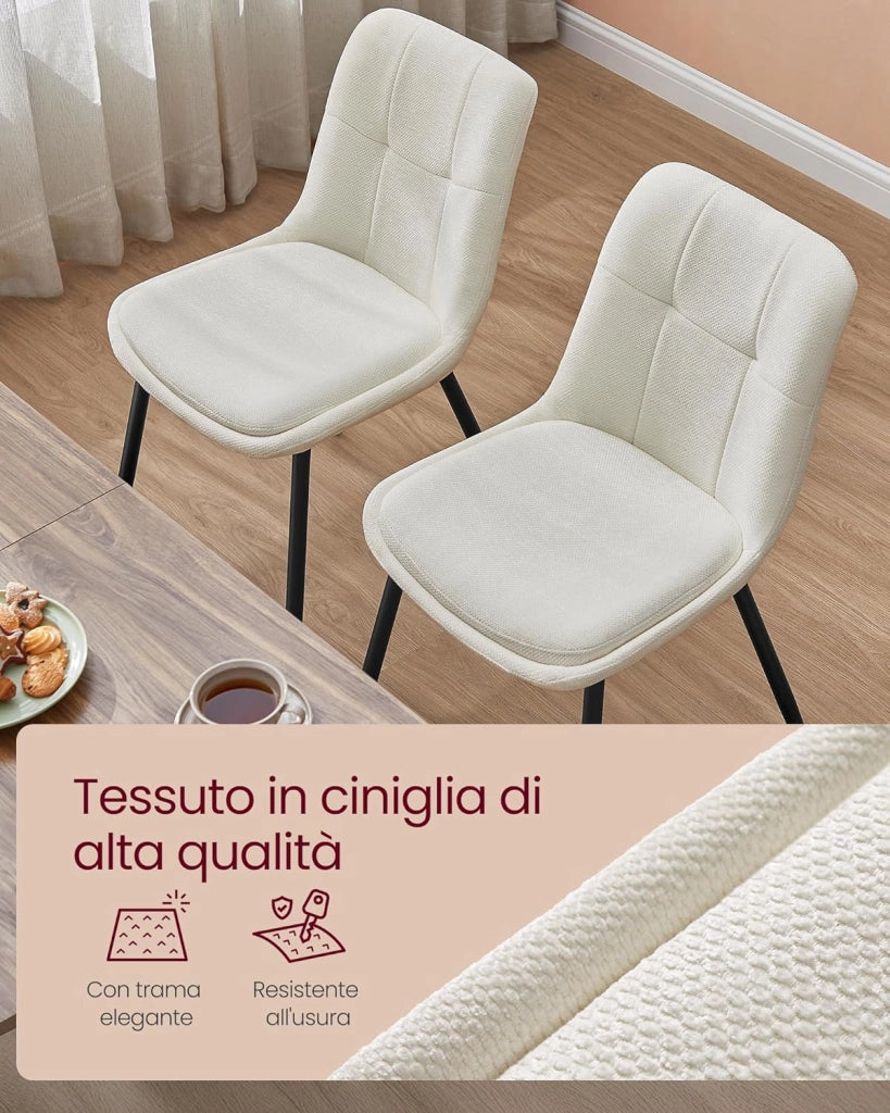 VASAGLE Set di 2 Sedie da Pranzo, Sedia da Cucina, Sedia Imbottita, Tessuto Chenille, Portata 120 kg, Doppio Cuscino, Gambe in Metallo, Moderno, per Sala da Pranzo, Cucina, Bianco Crema KDC151W01