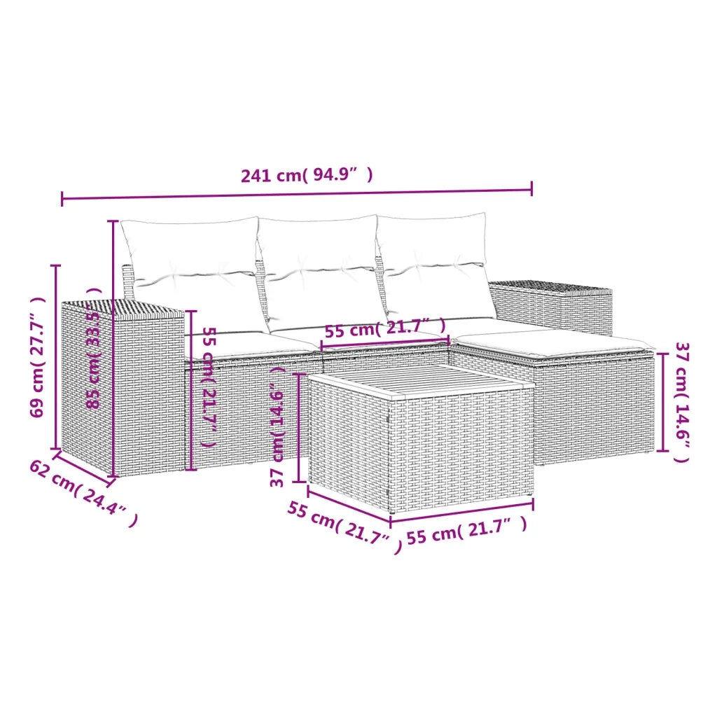 Set Divano da Giardino 5 pz con Cuscini Beige in Polyrattan