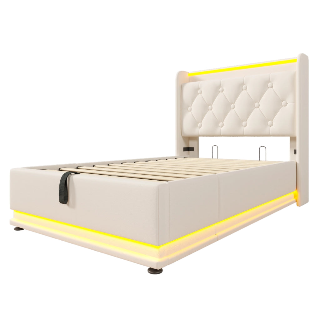 Letti contenitori 90x200 cm LED 360°; USB Tipo-C; PU bianco (Senza materasso)