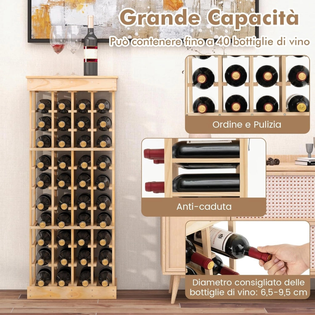 Portabottiglie di Vino, Scaffale per 40 Bottiglie di Vino in Legno di Pino, Cantinetta Porta Vino, 113 x 47 x 28 cm (Senza Traversa)